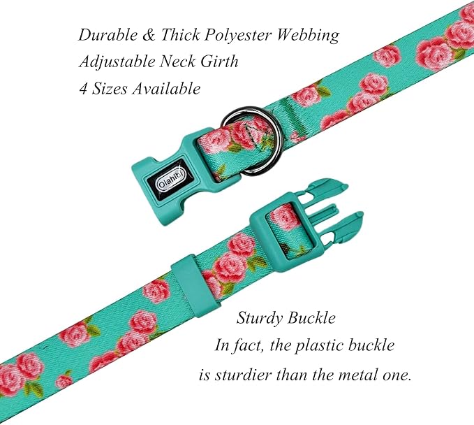 Dog Collar Leash Set, Floral Pattern, Polyester Material, Adjustable Collar and 5ft Matching Leash, for Large Dogs.(L, Green Rose)
