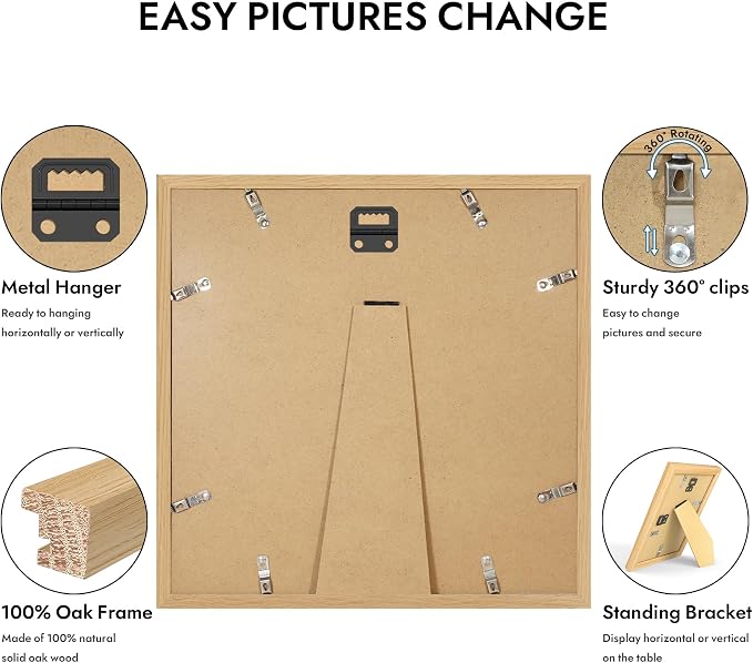 Hongkee 12x12 Oak Wood Picture Frame 1 Pack(Matted 10x10), Real Glass Cover | Natural, 10 x 10 Solid Wood Frame for Wall or Tabletop Display - Includes Easel Back, Vertical Hang - Ideal for Home, Office