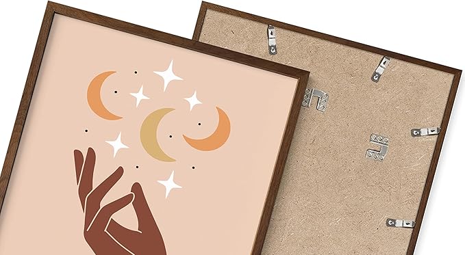 Mystical Hand Wall Art Celestial Moon and Stars Print Earth Tones Terracotta Mid Century Modern 8x10 Inch Oak Wood Walnut Framed Spiritual Decor for Bedroom