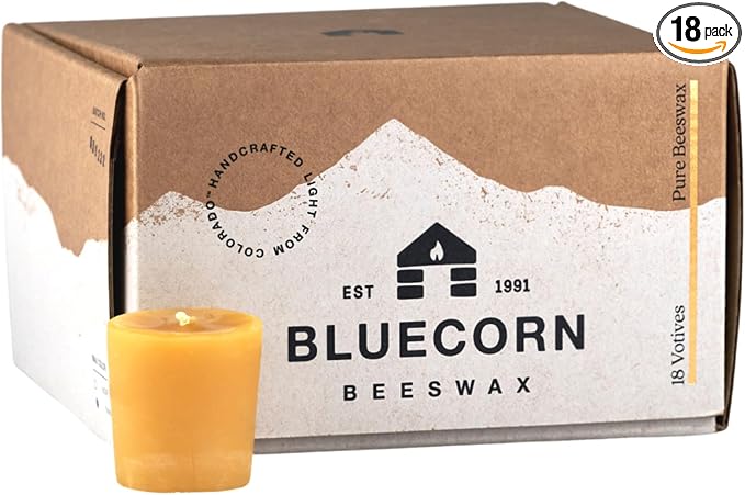 Bluecorn Beeswax Votive Candles, 100% Pure Natural Bees Wax, Yellow Votives, Clean Burning & Long Lasting (12+ Hours), Fragrance Free, Home Decor & Wedding Decorations, American Made, 18 Pack