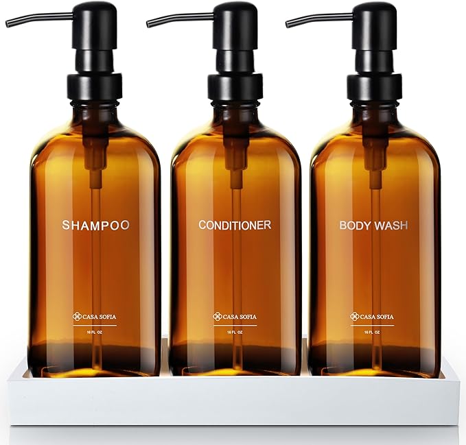 Amber Glass Shampoo and Conditioner Dispenser Set – Refillable 16 oz Pump Bottles with Concrete Tray – Luxury Bathroom Organization & Modern Shower Soap Dispensers