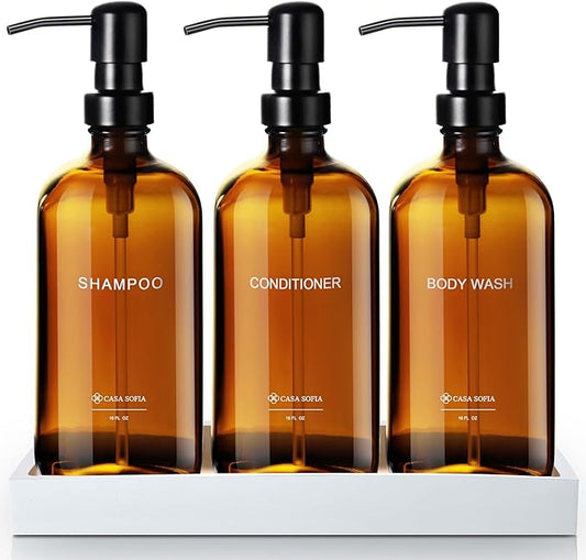 Amber Glass Shampoo and Conditioner Dispenser Set – Refillable 16 oz Pump Bottles with Concrete Tray – Luxury Bathroom Organization & Modern Shower Soap Dispensers