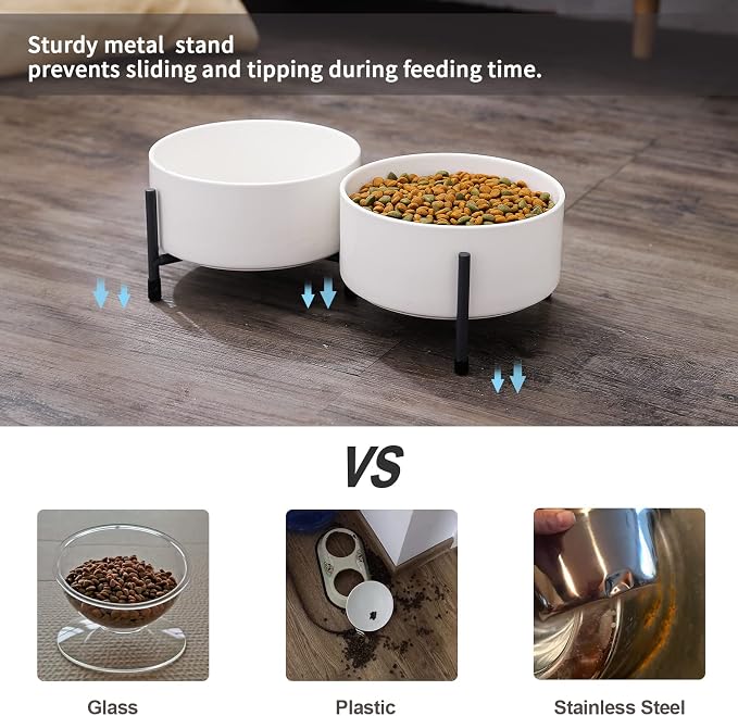 32 oz Ceramic Dog Bowls with Metal Stand, 6 Inch Pet Food and Water Dish | Bowl Dishwasher and Microwave Safe, 2 Heights, for Cats & Dogs, Prevent Neck Fatigue, White