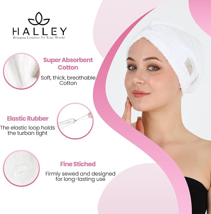 HALLEY Cotton Hair Towel Wrap (3 Packs) Super Absorbent Fast Drying Hair Towel for Thick Hair Turbans for Wet Hair with Button (White)