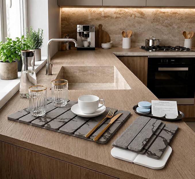 Stone Dish Drying Mat for Kitchen Counter, Quick Dry Diatomaceous Earth Dishes Mat, Foldable Water Absorbing Drying Organizer Pad for Plate Rack Bottles Utensils, Light Gray, 30x40 cm