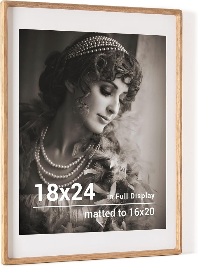 18 x 24 Poster Frame, USA-Sourced Oak Wood Picture Frame with HD Tempered Glass, Handcrafted Rounded Corner 18x24 Wooden Frames Matted to 16x20 Photos, Horizontal or Vertical Wall Display