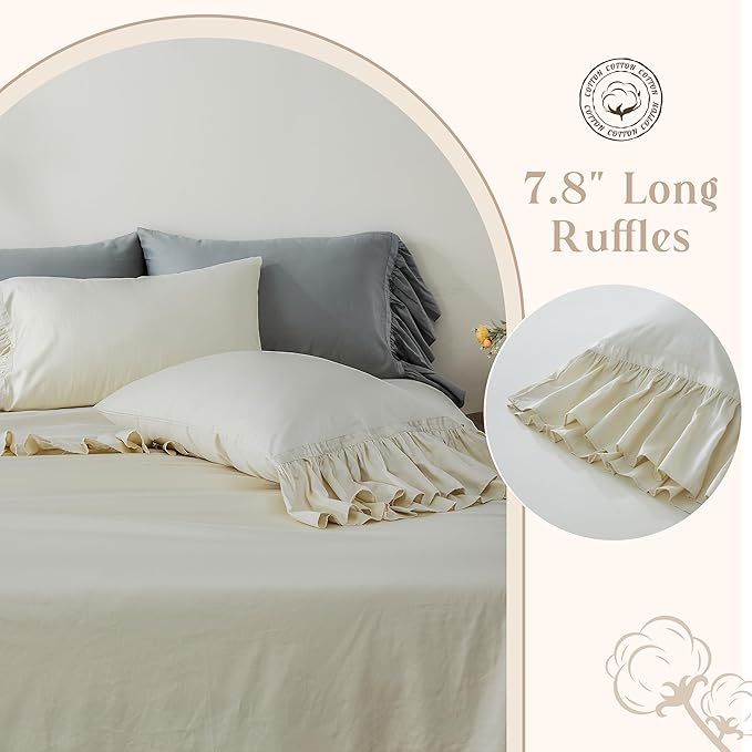 Simple&Opulence 100% Organic Cotton Sheet Set, Long Ruffle Bed Sheets (1 Flat Sheet, 1 Fitted Sheet and 2 Pillowcases) Elegant Shabby Chic Bedding Farmhouse Charming Vintage - Beige, Full