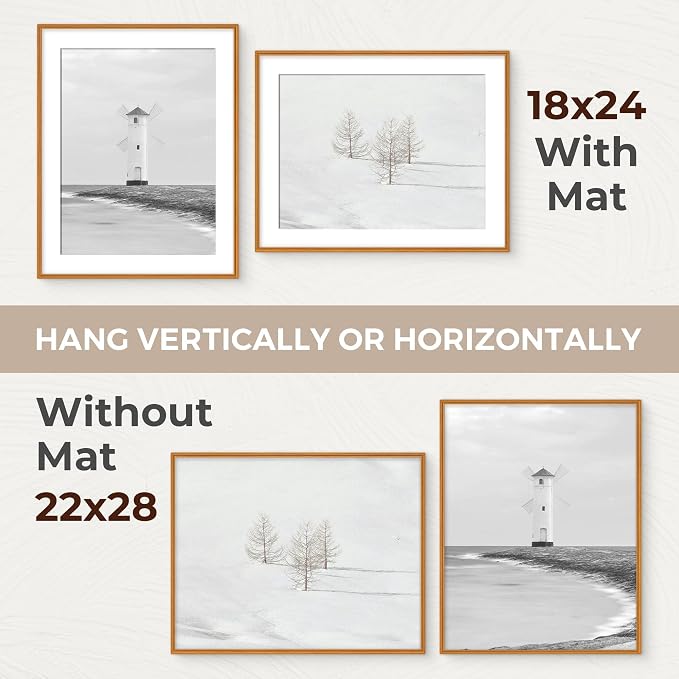 22x28 Picture Frame with Mat for 18x24, USA-Sourced Teak Wood Handcrafted Rounded Corner with HD Tempered Glass, 22 x 28 Gallery Wall Frames for Posters & Art Prints, Vertically or Horizontally
