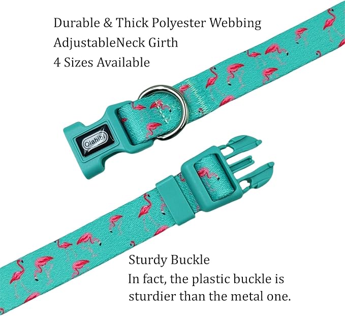 Dog Collar Leash Set, Flamingo Pattern, Polyester Material, Adjustable Collar and 5ft Matching Leash, for Puppy Dogs.(XS, Green Flamingo)