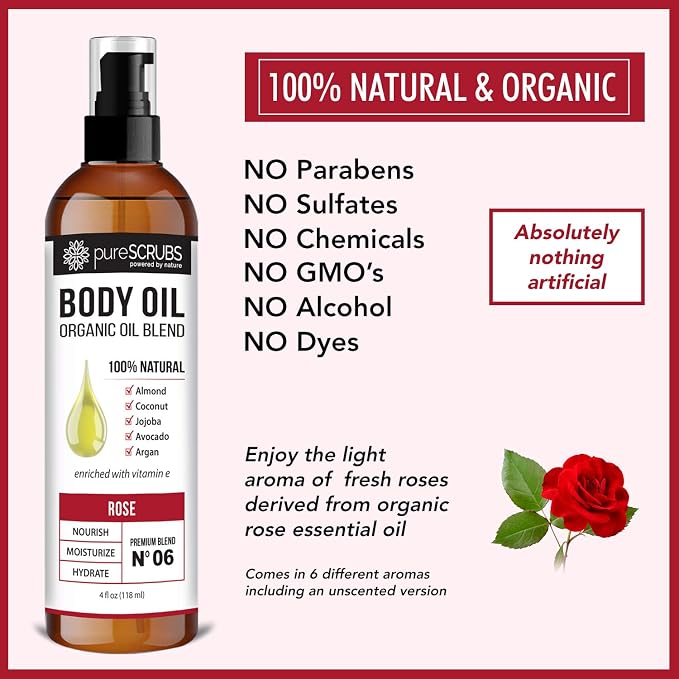 pureSCRUBS Ultra Moisturizing Rose Body Oil for Dry Skin, 4 oz | Luxurious After Shower Body Oil for Soft, Silky, Glowing Skin, Non-Greasy, Fast Absorbing & Hydrating Formula with Vitamin E