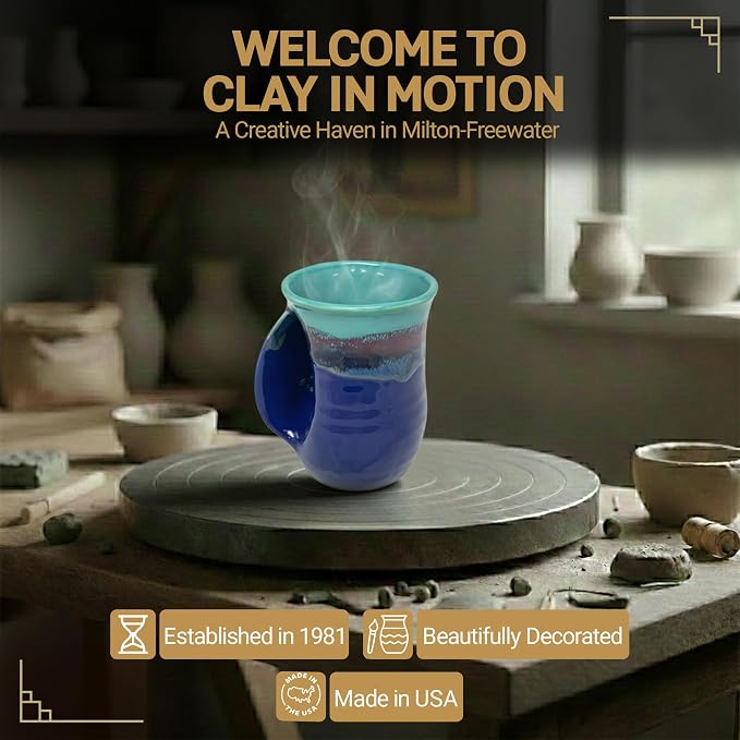 Clay in Motion Hand Warmer Coffee Mug – Handmade Coffee Mug With Comfortable Handle Contoured Pocket Hand Warming Ceramic Coffee Mug – Proudly Made in USA – Left Handed – 14 Oz - Mystic Waters