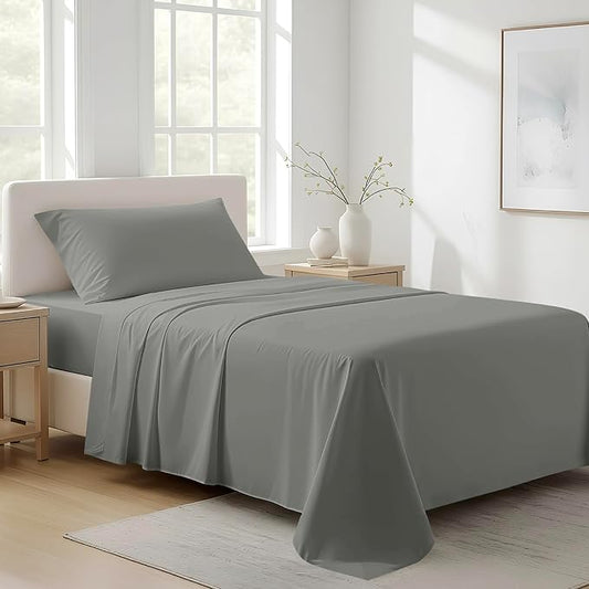 100% Organic Cotton Sheets Twin Size - Organic Cotton Twin Size Percale Weave Sheet Set (3 PC, Dark Grey), Soft, Cooling, Crisp & Breathable, 16" Deep Pocket Hotel Quality Bedding Set