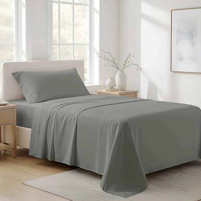 100% Organic Cotton Sheets Twin XL Size - Organic Cotton Twin XL Size Percale Weave Sheet Set (3 PC, Dark Grey), Soft, Cooling, Crisp & Breathable, 16" Deep Pocket Hotel Bedding Set