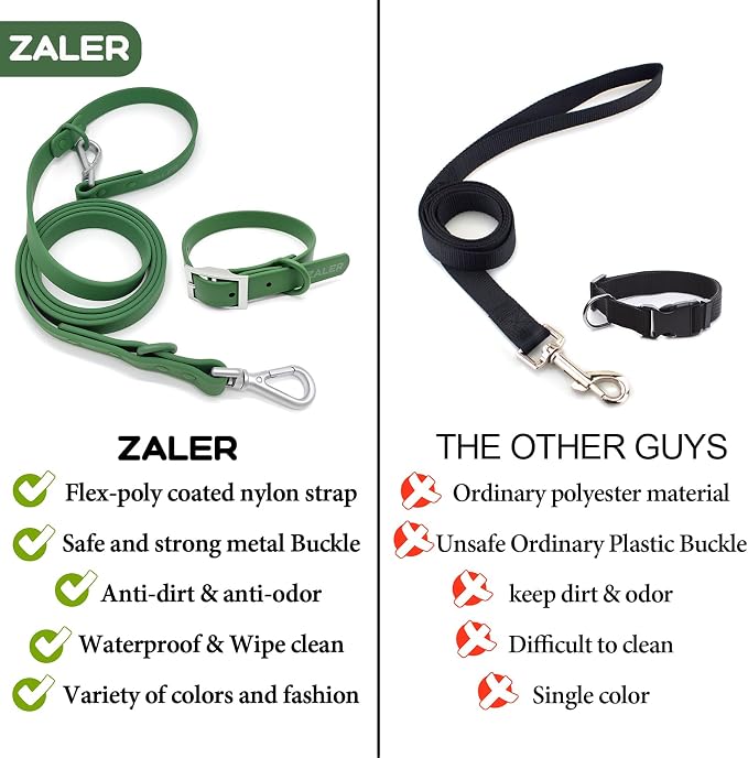ZALER Dog Collar and Leash Set, Waterproof Adjustable Odor Proof Pet Collars Leashes Easy to Clean, 6FT Dog Leash with 2 Hooks for Large, Medium Small Dogs (XS, Green)