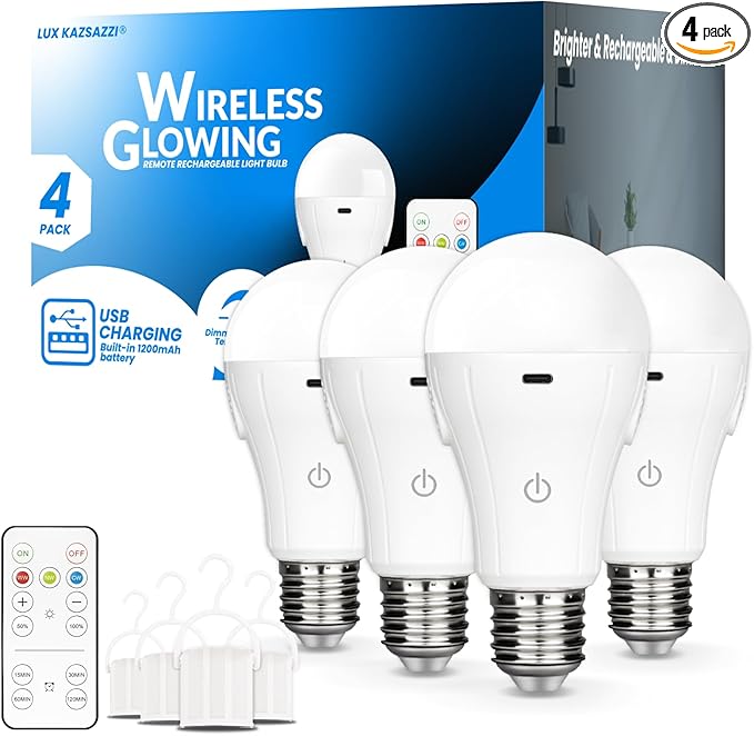 WirelessGlow Rechargeable Light Bulbs with Remote, 3 Color Temperatures and Dimmable Battery Light Bulbs, Touch Control + USB Rechargeable Battery Operated Light Bulb, A19