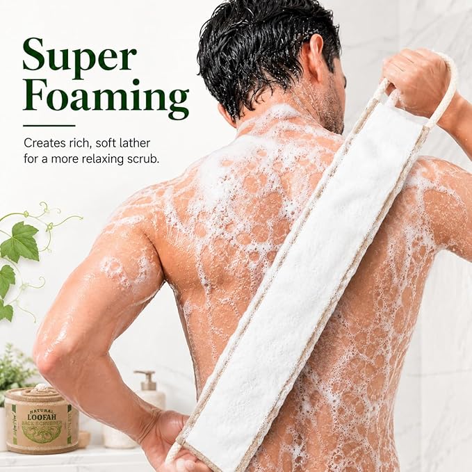 Natural Loofah Exfoliating Body Scrubber, Loofah Bath Sponge, Luffa for Women and Men, 100% Biodegradable Compostable, Dye Free, Zero Waste Eco Friendly Sustainable (Back Scrubber Pack 1)