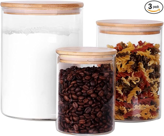 Tzerotone Glass Flour and Sugar Containers, Set of 3 Large Glass Flour Canister with Airtight Lids, Pantry Storage Containers for Suger, Rice, Salt (100 OZ/54 OZ/27 OZ)