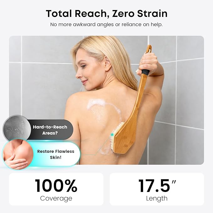 eaxun Bamboo Back Brush with Curved Long Handle, 17.5 Inches Shower Back Scrubber with Stiff Bristles for Men and Women, Exfoliating Body Washer Anti Slip Exfoliator for Bath or Dry Brushing