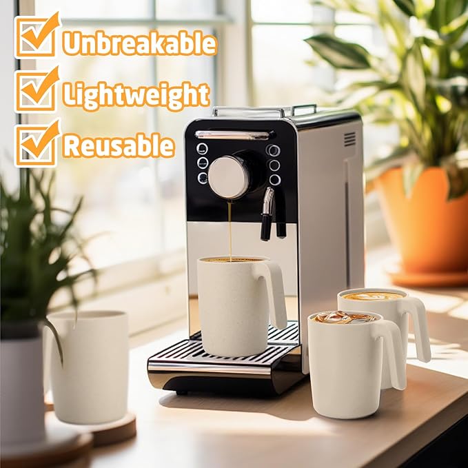 Coffee Mugs Set of 6, Wheat Straw Cups 16 oz, Resuable Plastic Coffee Cups With Handle, Unbreakable & Stackable Kitchen Cup, Microwave safe Drinking Glasses for Tea, Juice and Water - Beige