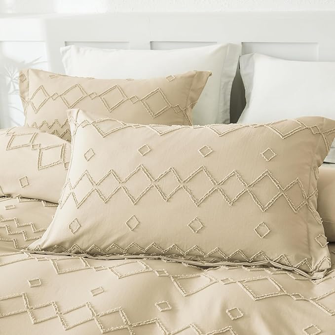 EMME Queen Duvet Cover Boho, Tufted Microfiber Comforter Cover Set for All Seasons, 3 Pieces Embroidery Chic Boho Bedding Set, 1 Duvet Cover + 2 Pillowcases (Beige, Queen)