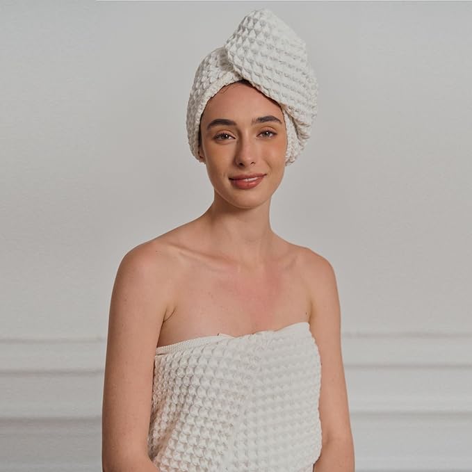 Luxury Organic Japanese Cotton Hair Drying Waffle Towel Wrap for Women | Absorbent, Quick-Dry Head Turban for Shower, Sauna, Spa | Extra Large for Long, Curly, Straight Hair With Button (White, 2 Pc)