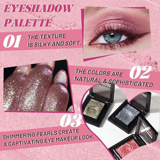 Rose Pink Single Shimmer Glittle Eye shadow Palette Makeup, Single Shimmer Eyeshadow for Older Women, High Pigment Natural Sombras Crema Para Ojos, Talc, Paraben & Cruelty Free (04#Rose Pink)