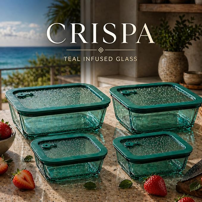 Crispa 8-Piece Teal Glass Food Storage Containers with Silicone Framed Glass Lids – 100% Plastic-Free Lunch Box Meal Prep Set (2x 40oz, 2x 20oz) – Leakproof Airtight Borosilicate for Freezer to Oven