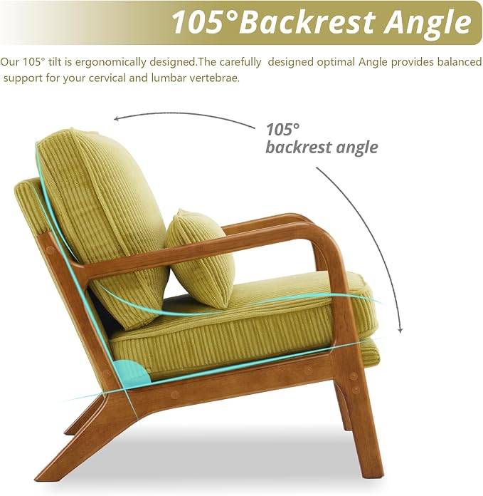 Karl home Mid-Century Modern Accent Reading Chair, Green | Corduroy Upholstered, Solid Wood Frame, Soft Cushion, Lumbar Pillow, Lounge Armchair for Living Room, Bedroom, Balcony, Study