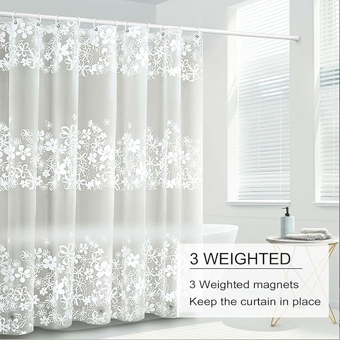 TIKABC Shower Curtain Liner, 4G PEVA Shower Liner, Plastic Waterproof Shower Curtains, 72x72 inch with Grommet Holes 3 Magnetic Weights