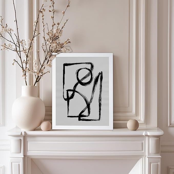 Monem Art Black and White Abstract Line Art Print - Minimalist Monochrome Brushstroke Art Poster - Wall Decor for Living Room, Bedroom or Office - 12x16 White Framed Wall Art by Mareike Bohmer