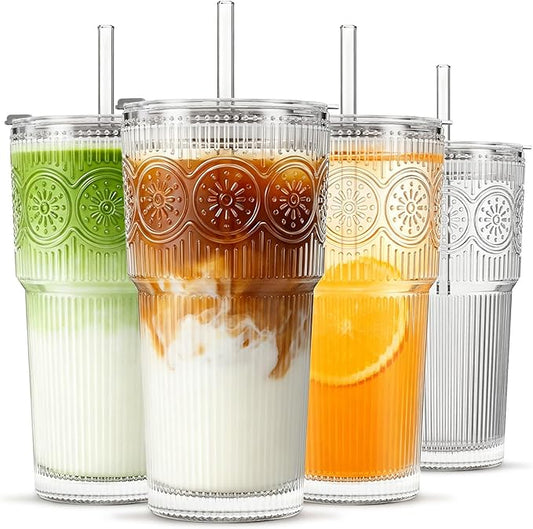 INSETLAN 20oz Ribbed & Floral Glass Tumblers with Lids and Straws, Set of 4 – Clear Iced Coffee Cups, Reusable Drinking Glasses for Water, Smoothies, Tea, and Juice – Perfect for Travel & Daily Use
