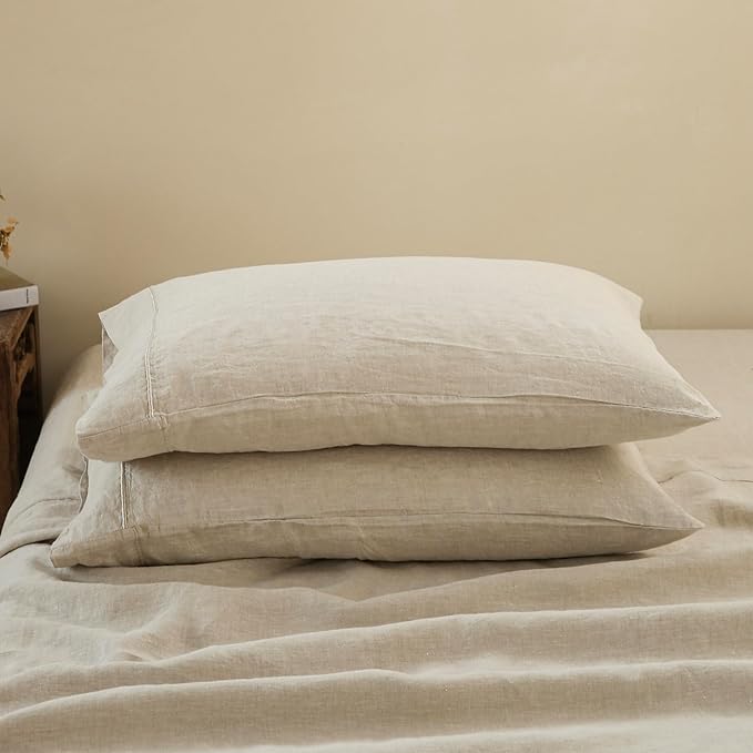 100% French Linen Pillowcases with Embroidery - Pack of 2 - Washed Solid Color Natural Flax Soft Breathable - Linen, 20'' x 40''