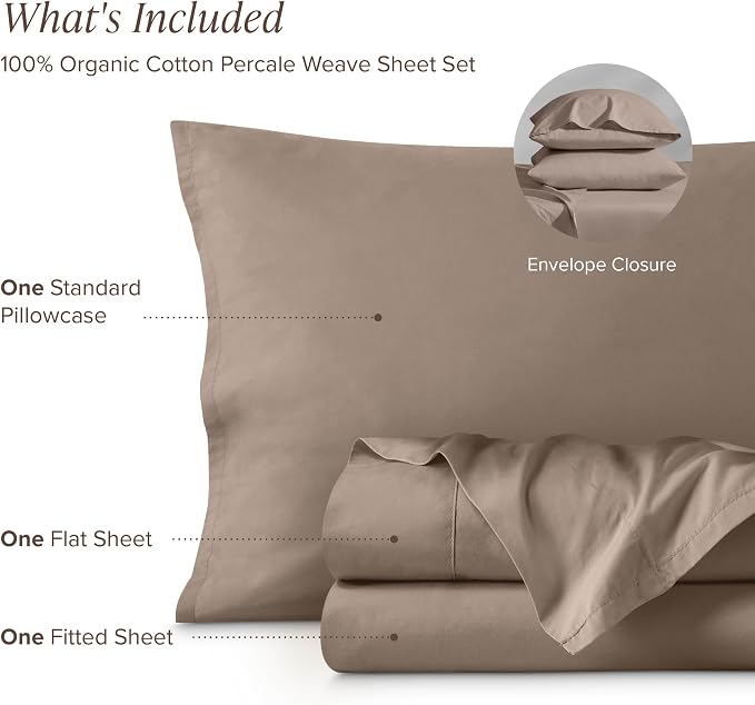 Bare Home 100% Organic Cotton Twin XL Sheet Set - Crisp Percale Weave - Lightweight & Breathable - Bedding Sheets & Pillowcases (Twin XL, Taupe)