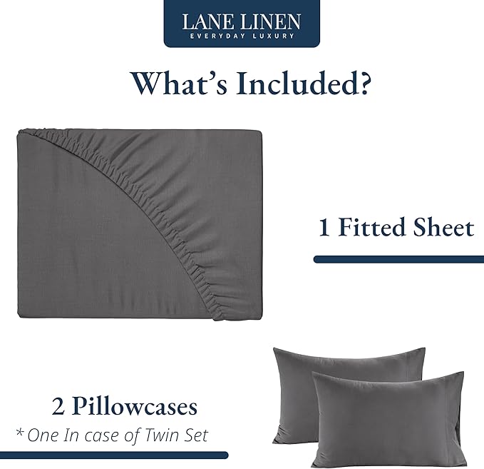 LANE LINEN 100% Organic Cotton Fitted Sheet Twin Size (No Flat Sheet) - Soft & Breathable Percale Weave Fitted Sheet Set for Added Luxury - 15'' Deep Pocket for Snug Fit - GOTS Certified - Charcoal