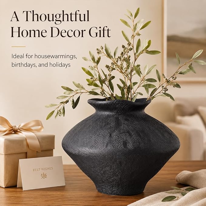 Large Wabi Sabi Black Vintage Ceramic Vase, 11" Rustic Pottery Vase for Centerpieces, Wabi Sabi Decor Flower Vases for Table, Living Room, Bedroom, Bathroom, Kitchen, Farmhouse Home Decor Gifts