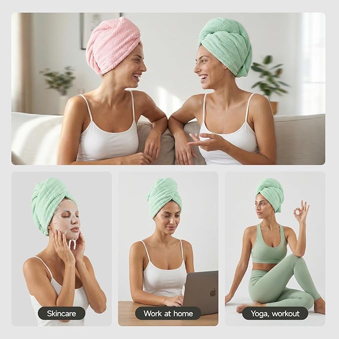 REDKISS Microfiber Hair Towel Wrap for Women, Double Sided Hair Towels with Elastic Strap, Super Absorbent Quick Dry Hair Drying Towel for Long, Thick, Curly Hair, Anti-Frizz Turban (Grenn & Pink)