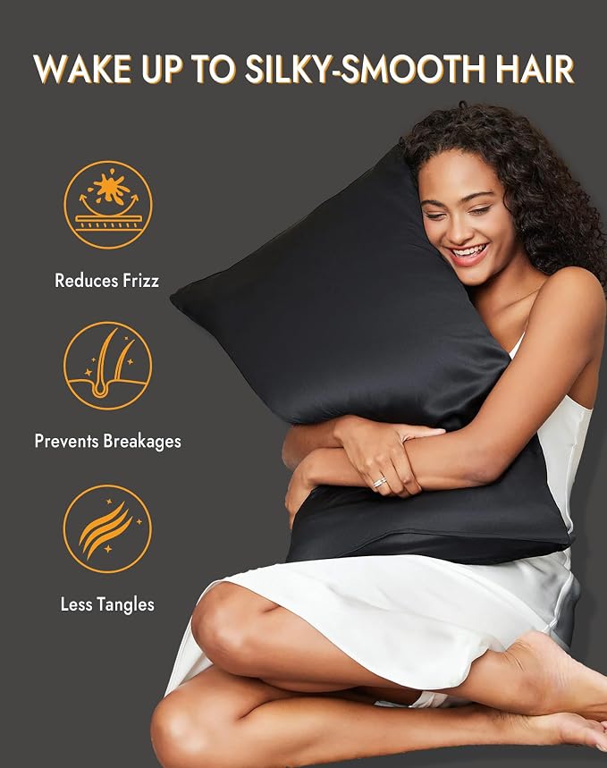 SilkSilky 100% Mulberry Silk Pillowcase - Pure 22 Momme High-Grade 6A Fibers for Hair & Skin, Hidden Zipper, Natural, Organic, Breathable & Cooling Pillow Case (Standard 20''x26'', Black)