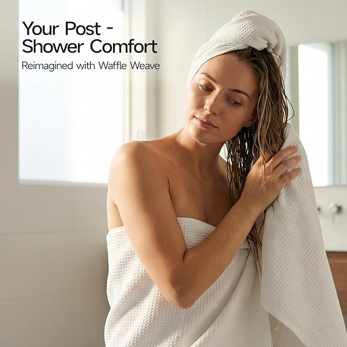 REDKISS 100% Cotton Waffle Weave Bath Towels 4 Pack - 27.5x55 Inches| Lightweight, Quick Dry & Highly Absorbent,Perfect for Spa, Gym, Travel, Guest Bathroom-White