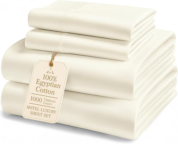 LANE LINEN 100% Cotton California King Sheet Sets - 1000 Thread Count, Soft & Comfy Luxury Hotel Like Thick Fully Elasticized Mercerized Cotton Cal King Set, No Pill Fade Resistant Bedding - Ivory