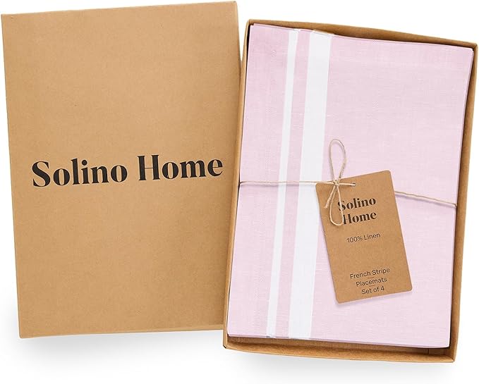 Solino Home Linen Placemats Set of 4 - French Stripe White and Dusty Pink Placemats 14 x 19 Inch - 100% Pure Linen Table Mats for Summer