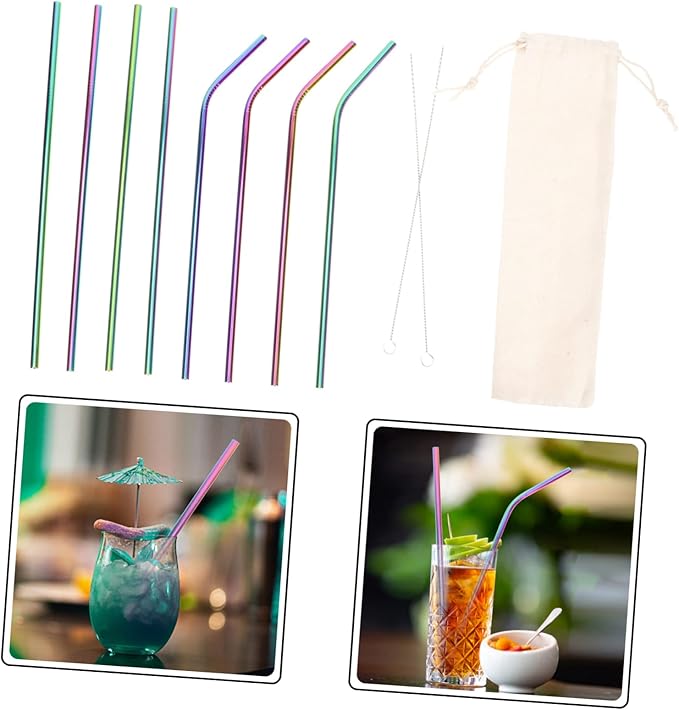 PRETYZOOM 11-Piece Stainless Steel Reusable Straws Set with Cleaning Brush and Storage Bag 304 Food-Grade Metal Straws for Smoothies Milk Tea and Juices
