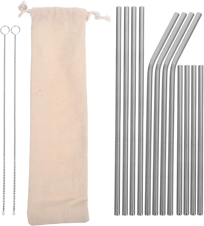 SUPVOX Reusable Stainless Steel Straws Set 15pcs with Curved Metal Straws and Cleaner Brush for Smoothies Coffee Cocktails