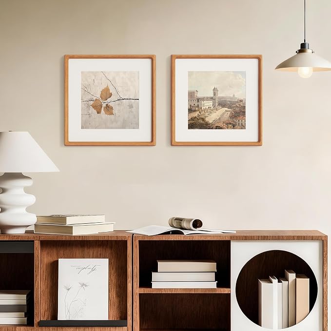12x12 Frame, USA-Sourced Teak Wood Photo Frames with HD Tempered Glass, Handcrafted Rounded Corner Square Wooden Frames Matted to 8x8 Photos, 12x12 Picture Frame, Tabletop or Wall Display