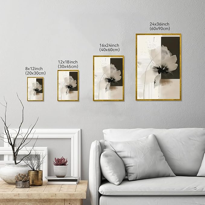 Minimalist Abstract Floral Wall Art Prints Set of 2 Neutral Beige Black Flower Canvas Painting Poster Trendy Botanical Picture for Gallery Modern Japandi Boho Home Decor 24x36inch Gold Framed