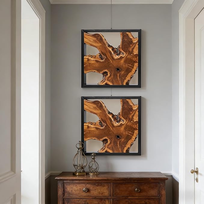 Warmaxx Teak Wood Wall Art 16.9"x16.9" Rustic Farmhouse Natural Wood Decor Home Office Dorm Square Handmade Live Edge Brown Wooden Wall Décor Living Room Bedroom Hallway
