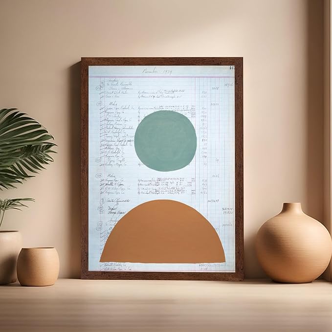 Monem Art Vintage Ledger Abstract Geometric Print - Modernist Teal and Ochre Art Poster - Wall Decor for Office, Living Room or Studio - 16x20 Brown Framed Wall Art by Renee Stramel