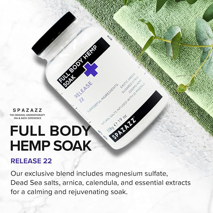 Spazazz Full Body Hemp Soak - 1000mg Hemp - Spa Hot Tub & Bath Aromatherapy Bath Salt Crystals - 538g/19oz (Release 22)