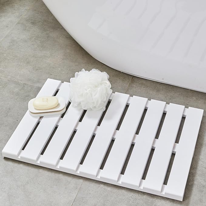 Rectangle Shower Mat Bamboo, Stable Bath Mat Dual Anti-Slip for Surface Bottom, Wide Slats Hollow Bathroom Drain Board for SPA Zone(White)