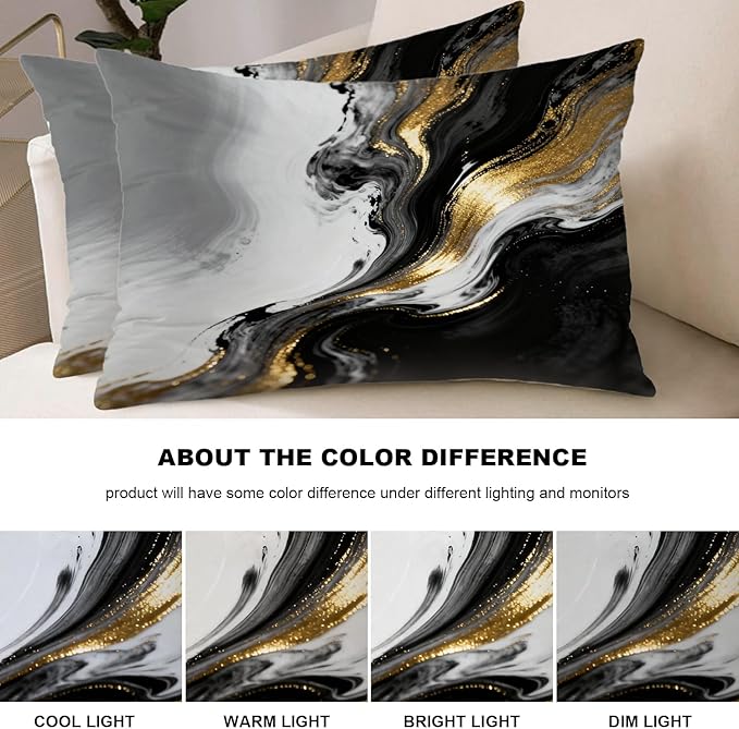 Shrahala Black and White Pillowcases, Abstract Hand Black and White with Gold Close Lumbar Pillow Cover Decorative Blended Double-Sided No Inserts for Bedroom Sofa Living Room Set of 2 (26 X 20 in)