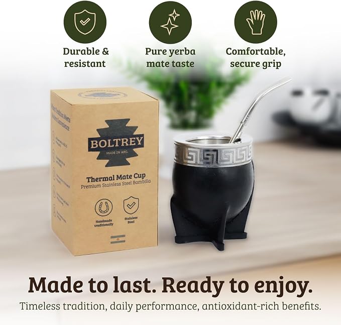 Mate Imperial – Yerba Mate Cup and Bombilla Set | Handmade Argentina Mate Gourd | Stainless Steel Mate Mug for Tea Lovers | Unique Cultural Gift (CUSCO, BLACK)